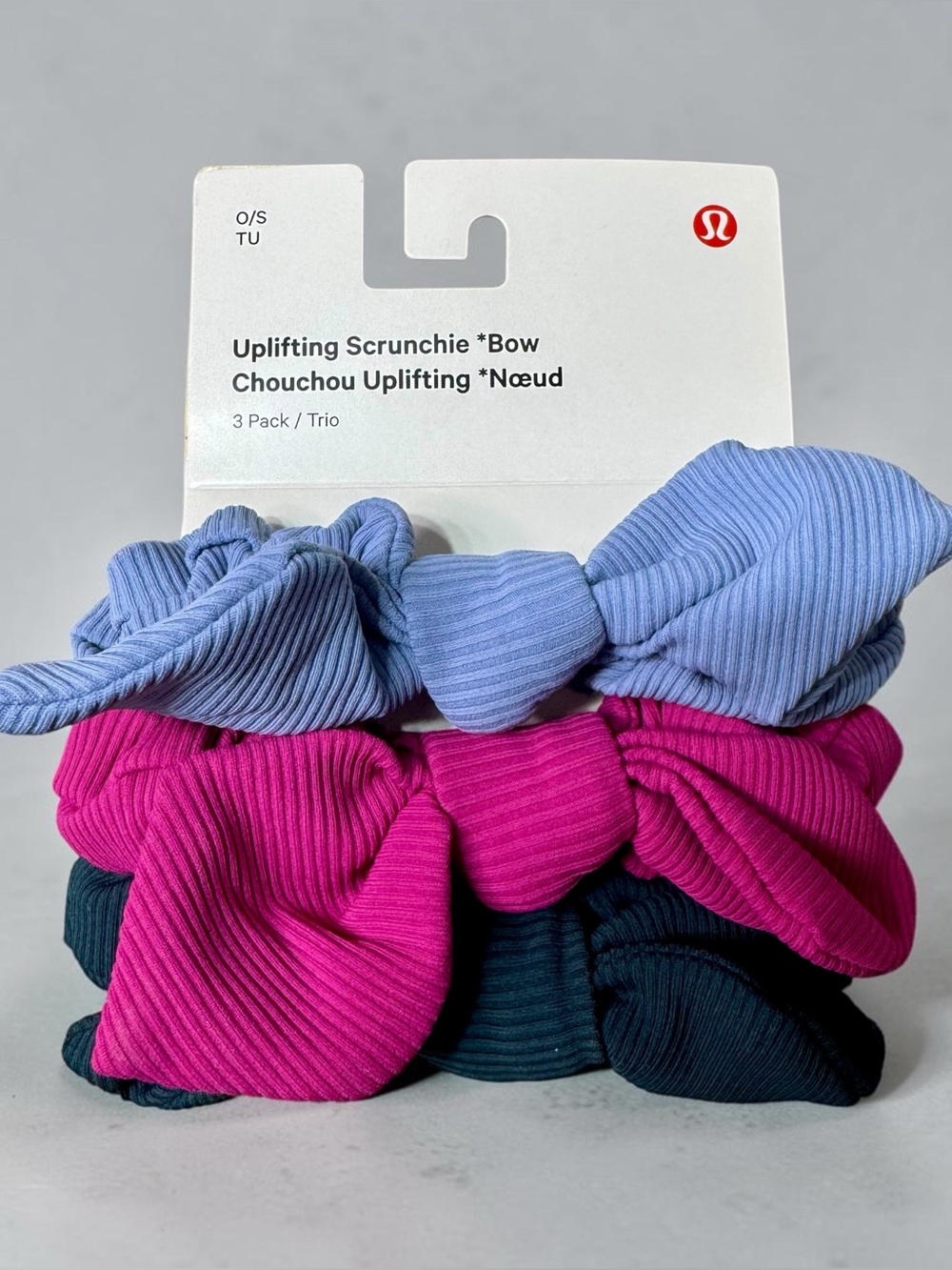 Lululemon Uplifting Scrunchie Bow 3 Pack Blue Willow Magenta Warp Teal NWT